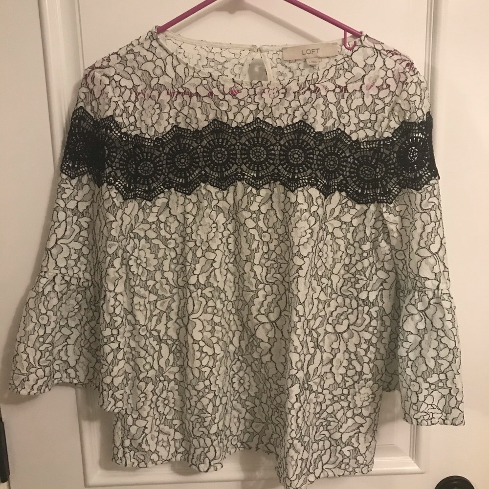Loft -Sheer Lace Bell Sleeved Top